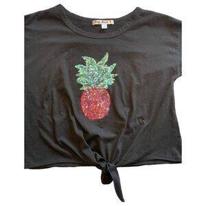 Black Top with Red & Green Sequined pineapple Size M front tie summer